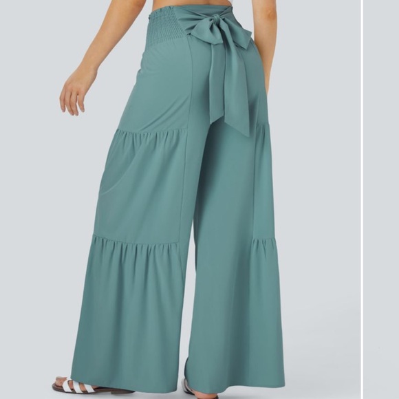 Halara Blue Hi/Waisted Shirred Tie‎ Front Back Wide Leg Palazzo-Like Pants NWT M - Picture 3 of 16